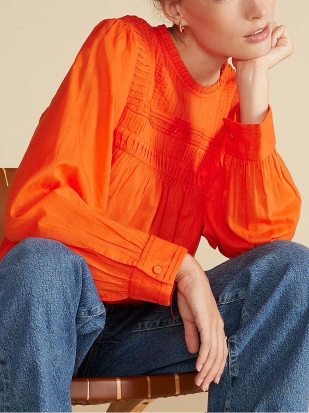 Amour Vert Aida Blouse Long Sleeve Organic Cotton Orange Lightweight Size Large
